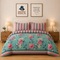 Luxury Teal Pink Floral Striped Printed Bedsheet Design