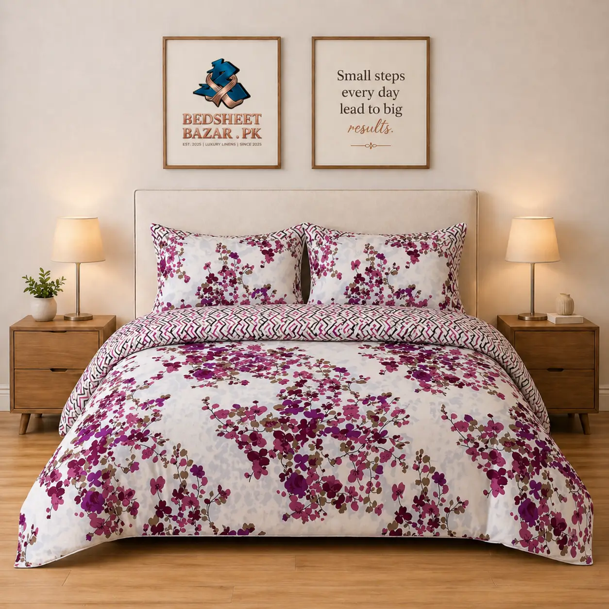 Luxury White Magenta Floral Printed Bedsheet Design