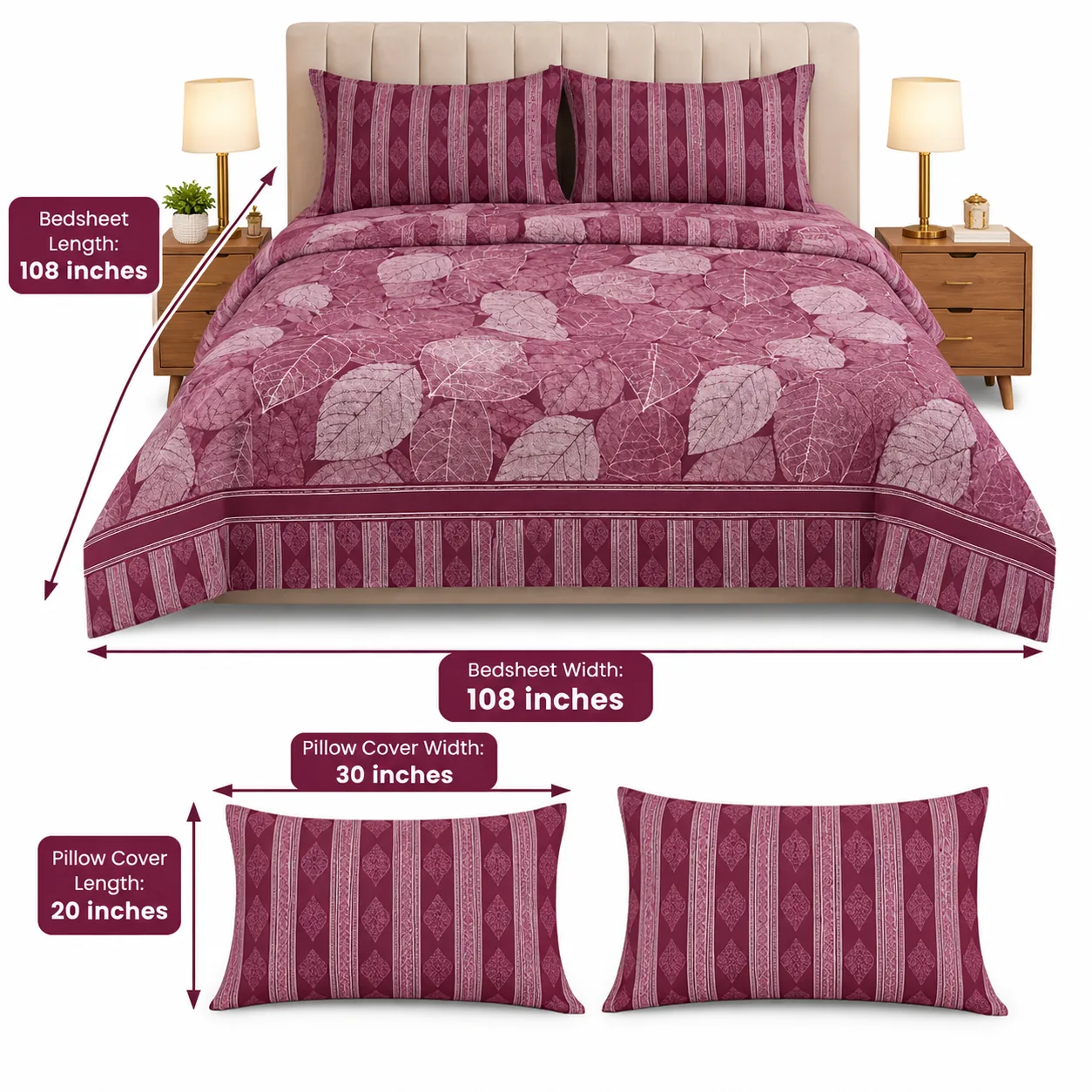 Luxury Maroon Leaf Pattern Printed Bedsheet Design - Image 4