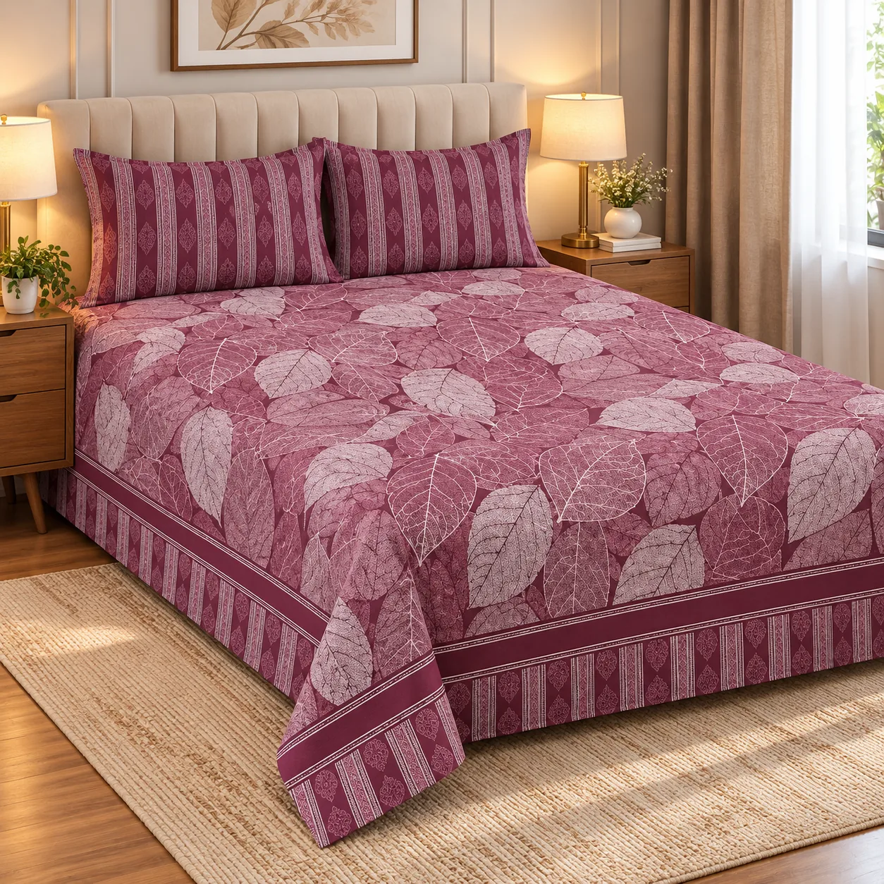 Luxury Maroon Leaf Pattern Printed Bedsheet Design - Image 2