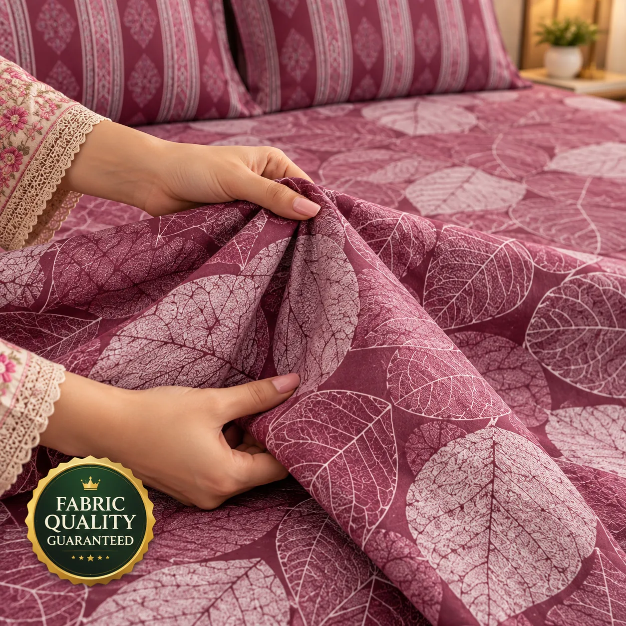 Luxury Maroon Leaf Pattern Printed Bedsheet Design - Image 3