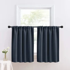 Elegant Navy Blue Cotton Blend 2 Panel Window Curtain