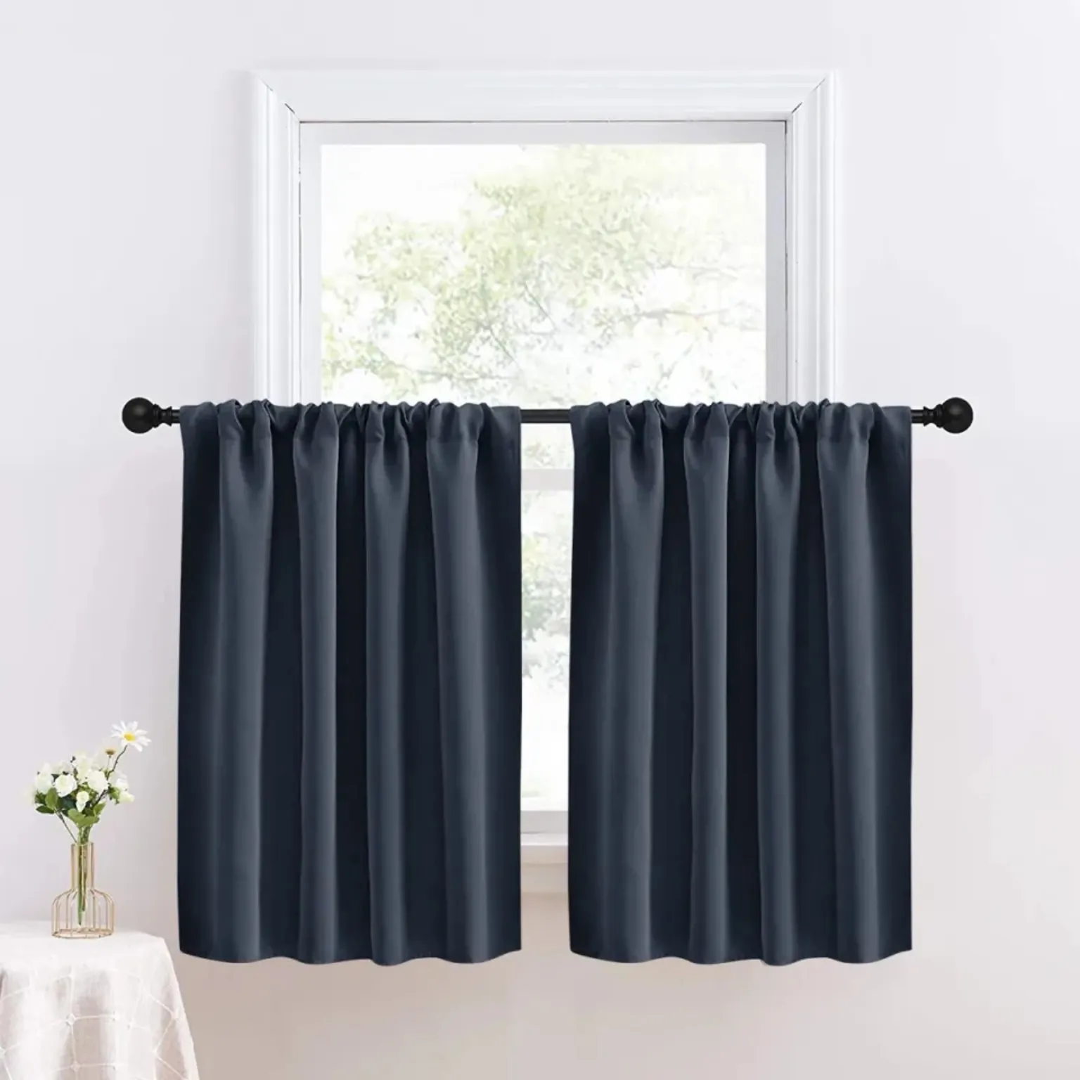 Elegant Navy Blue Cotton Blend 2 Panel Window Curtain