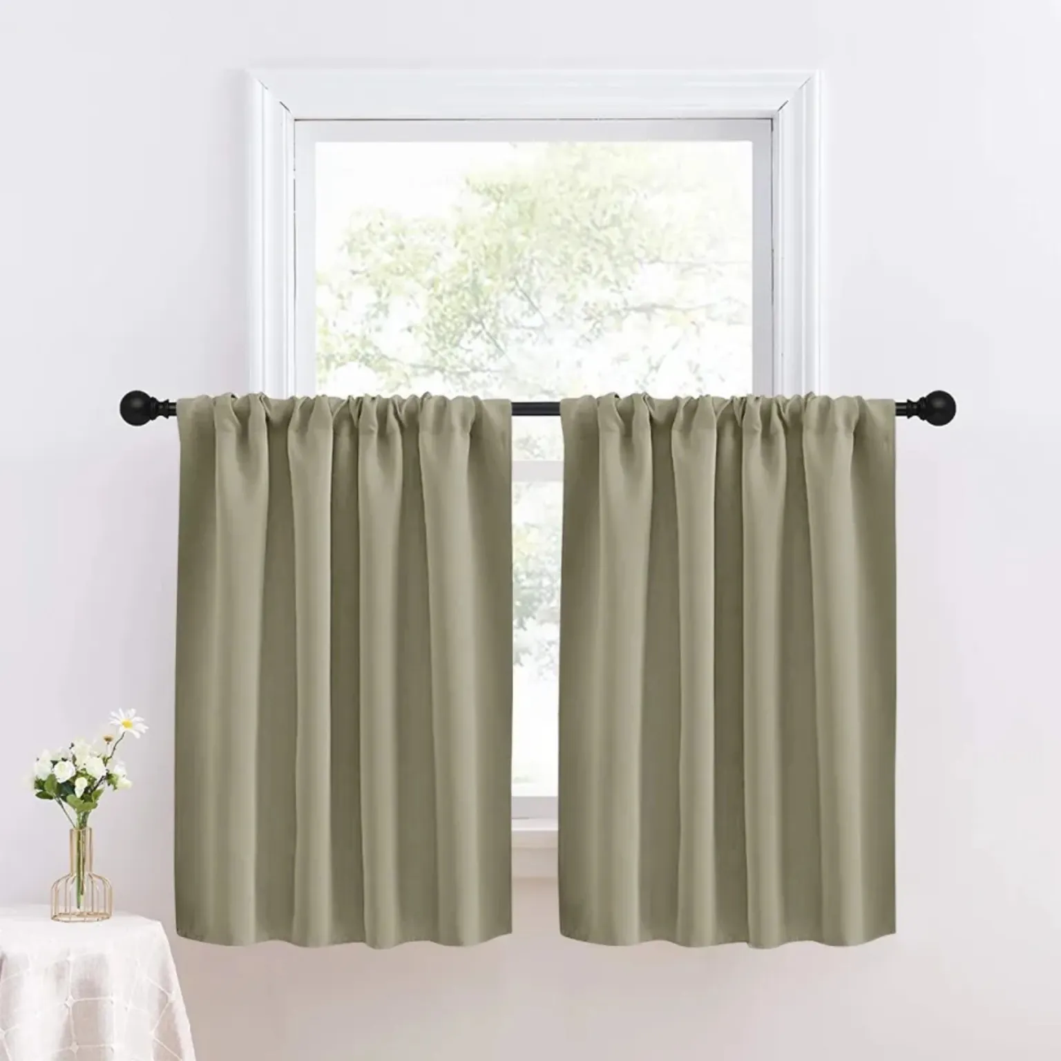 Elegant Sage Green Cotton Blend 2 Panel Window Curtain