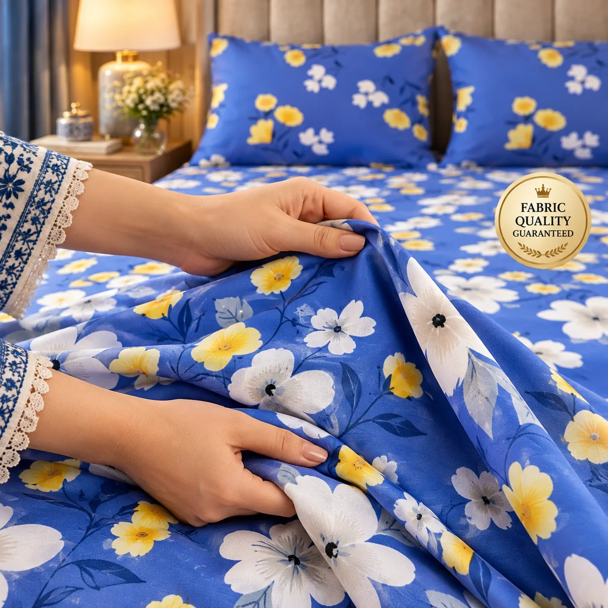 Royal Blue Daisy Printed King Size Bed Sheet Set (3 PCs) - Image 3