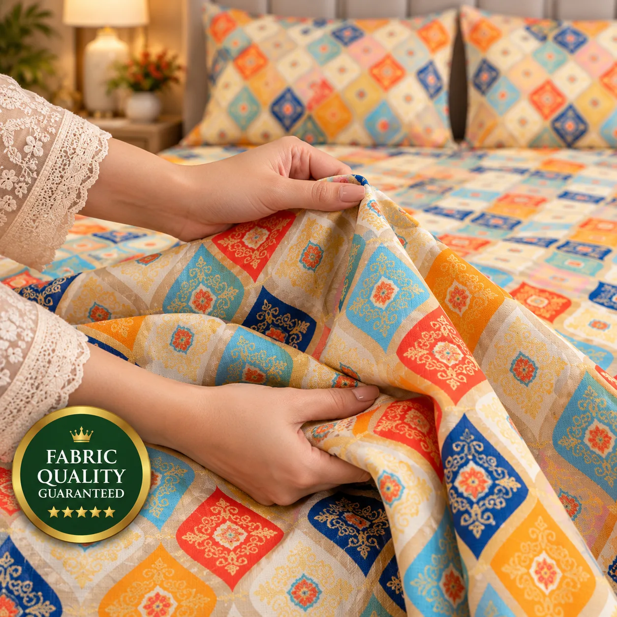 Colorful Diamond Bedsheet Fabric Close-Up