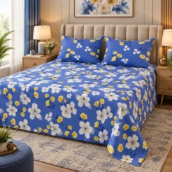 Alternative view of Royal Blue Daisy Printed King Size Bed Sheet Set (3 PCs)