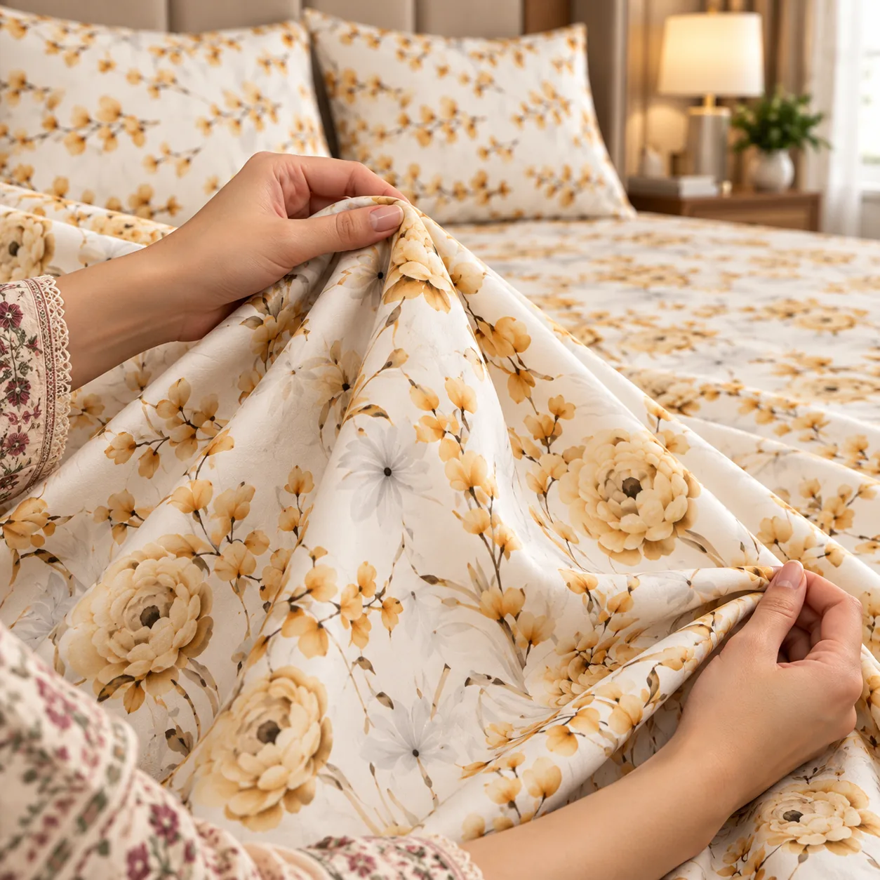Cozy Golden Floral Bedding Detail