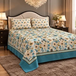 Alternative view of Teal Blue Floral Border King Size Printed Bedsheet