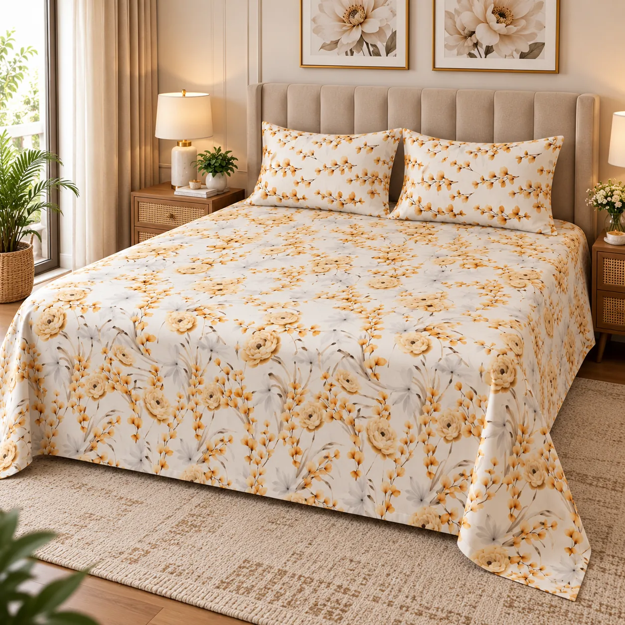 Golden Floral Bedding in a Cozy Bedroom