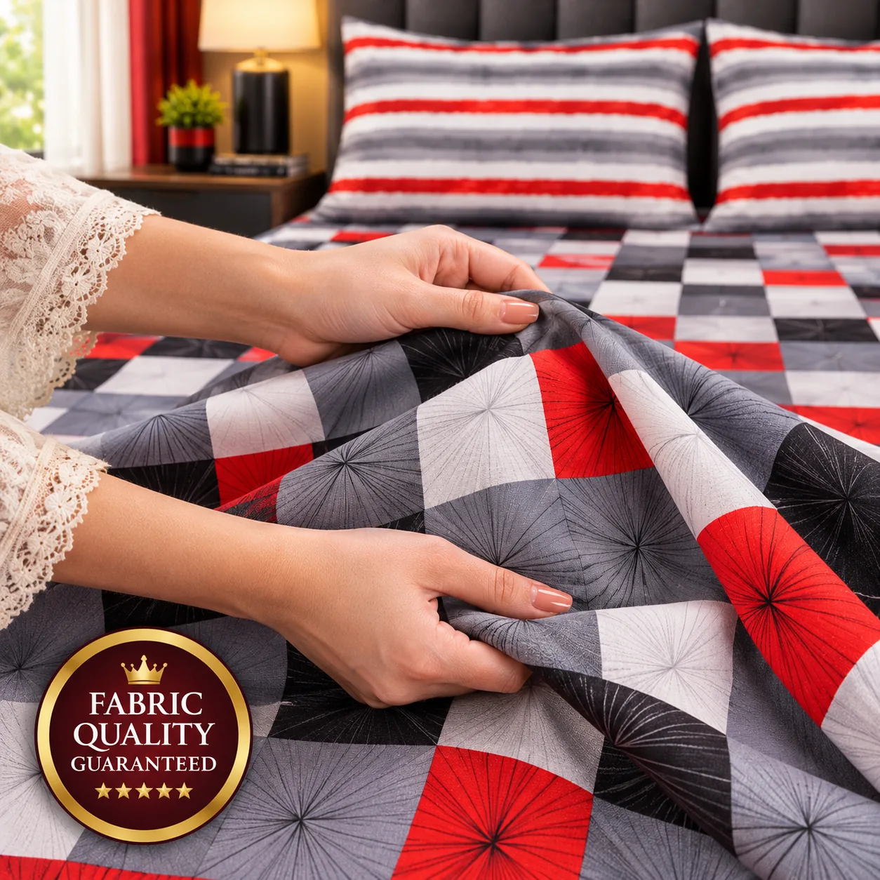 Red Black Geometric Printed King Size Bed Sheet Set (3 PCs) - Image 3
