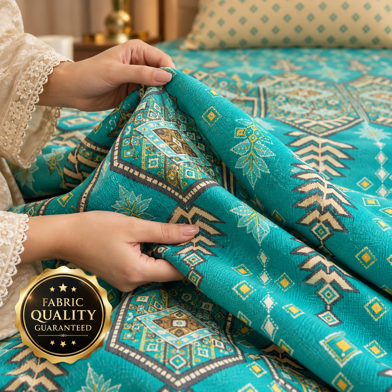 Turquoise Ethnic Geometric Printed Cotton Bedsheet - Image 4