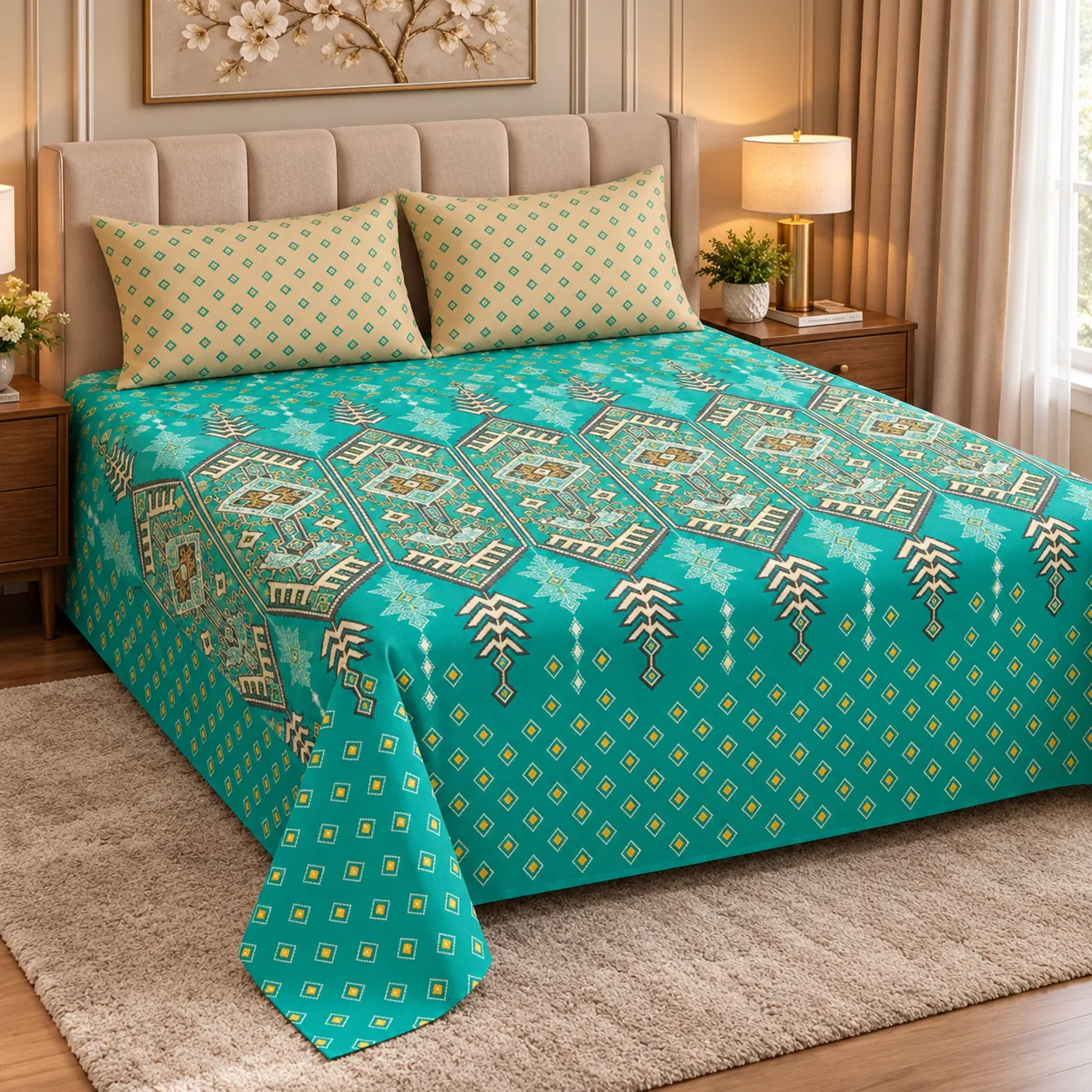 Turquoise Ethnic Geometric Printed Cotton Bedsheet - Image 3