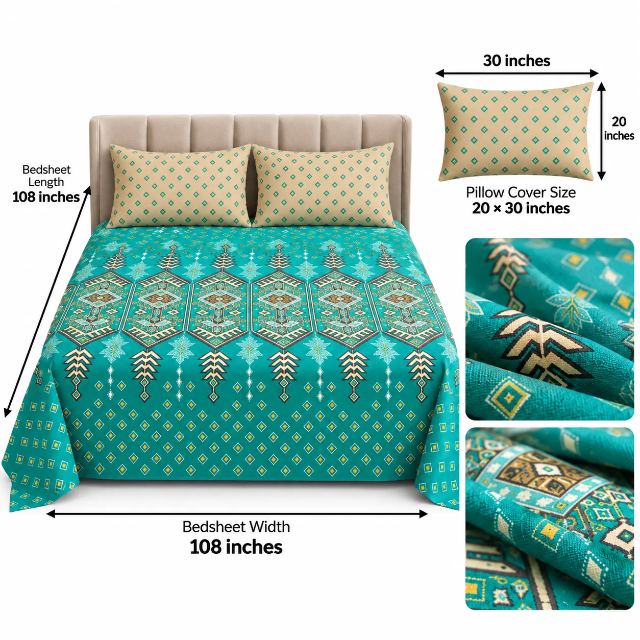 Turquoise Ethnic Geometric Printed Cotton Bedsheet - Image 5