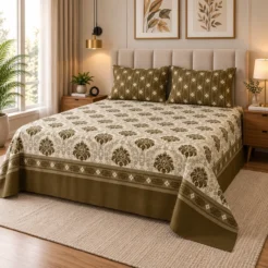 Warm Olive Damask Bedroom Retreat