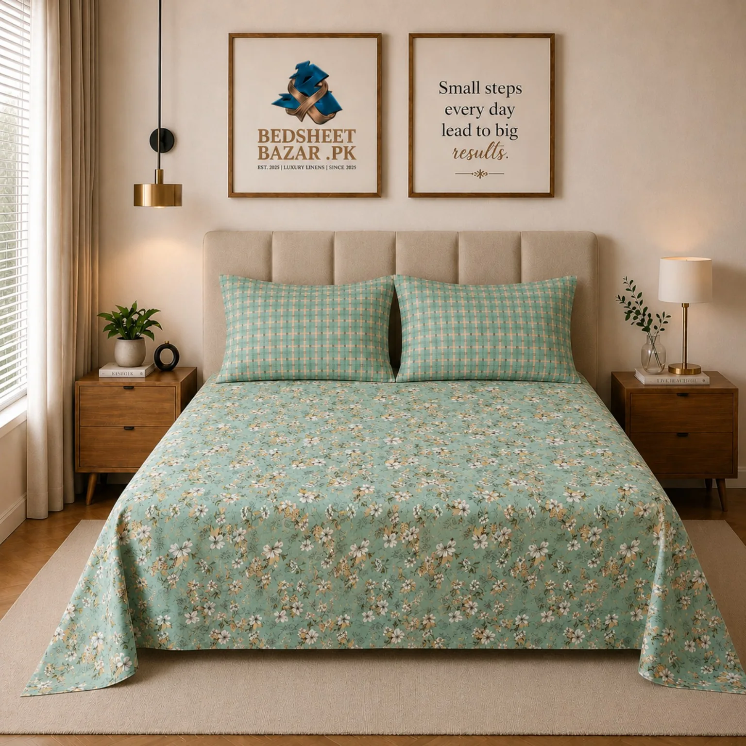 Aqua Blue Floral Printed Cotton Bed Sheet
