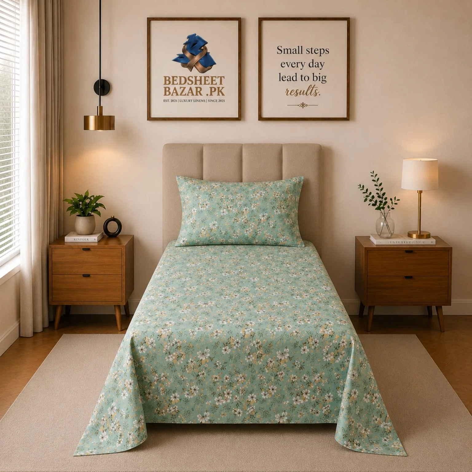 Aqua Blue Floral Printed Cotton Bed Sheet - Image 2