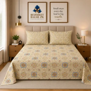Beige Blue Mosaic Printed Cotton Bed Sheet