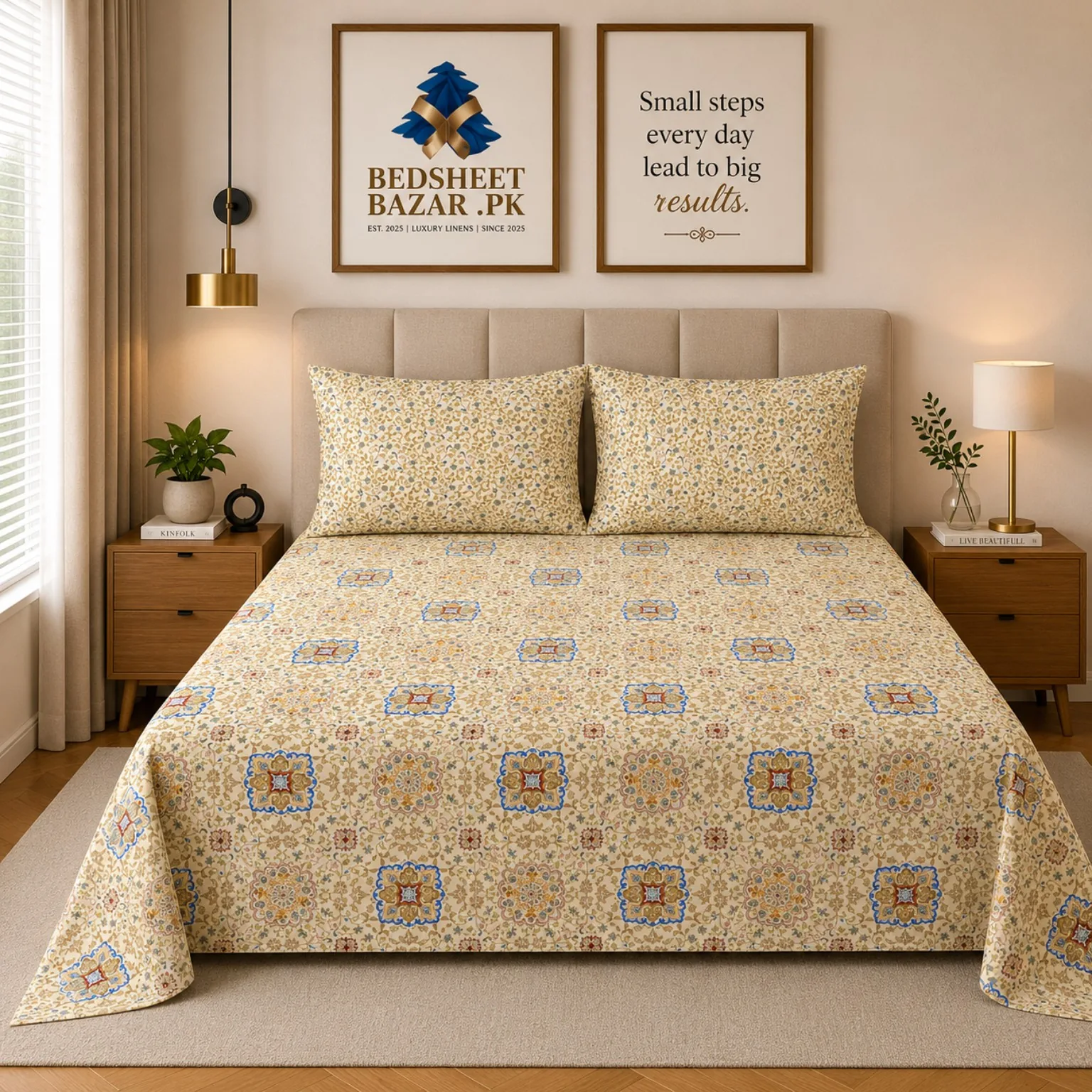 Beige Blue Mosaic Printed Cotton Bed Sheet