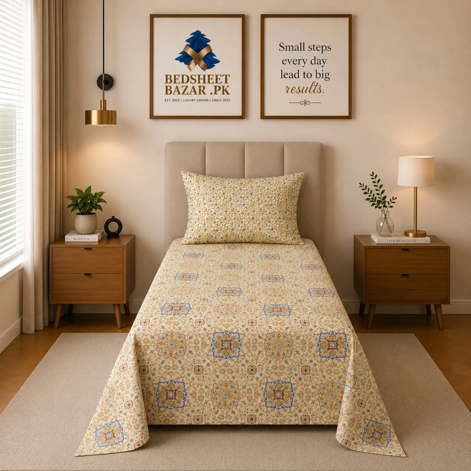 Beige Blue Mosaic Printed Cotton Bed Sheet - Image 2