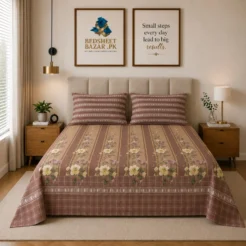 Dusty Rose Floral Stripe Printed Cotton Bed Sheet