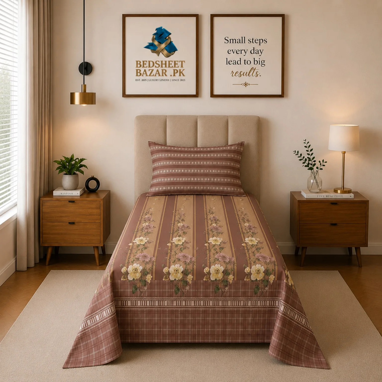 Dusty Rose Floral Stripe Printed Cotton Bed Sheet - Image 2