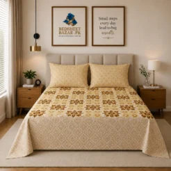 Gold Cream Floral Medallion Printed Cotton Bed Sheet