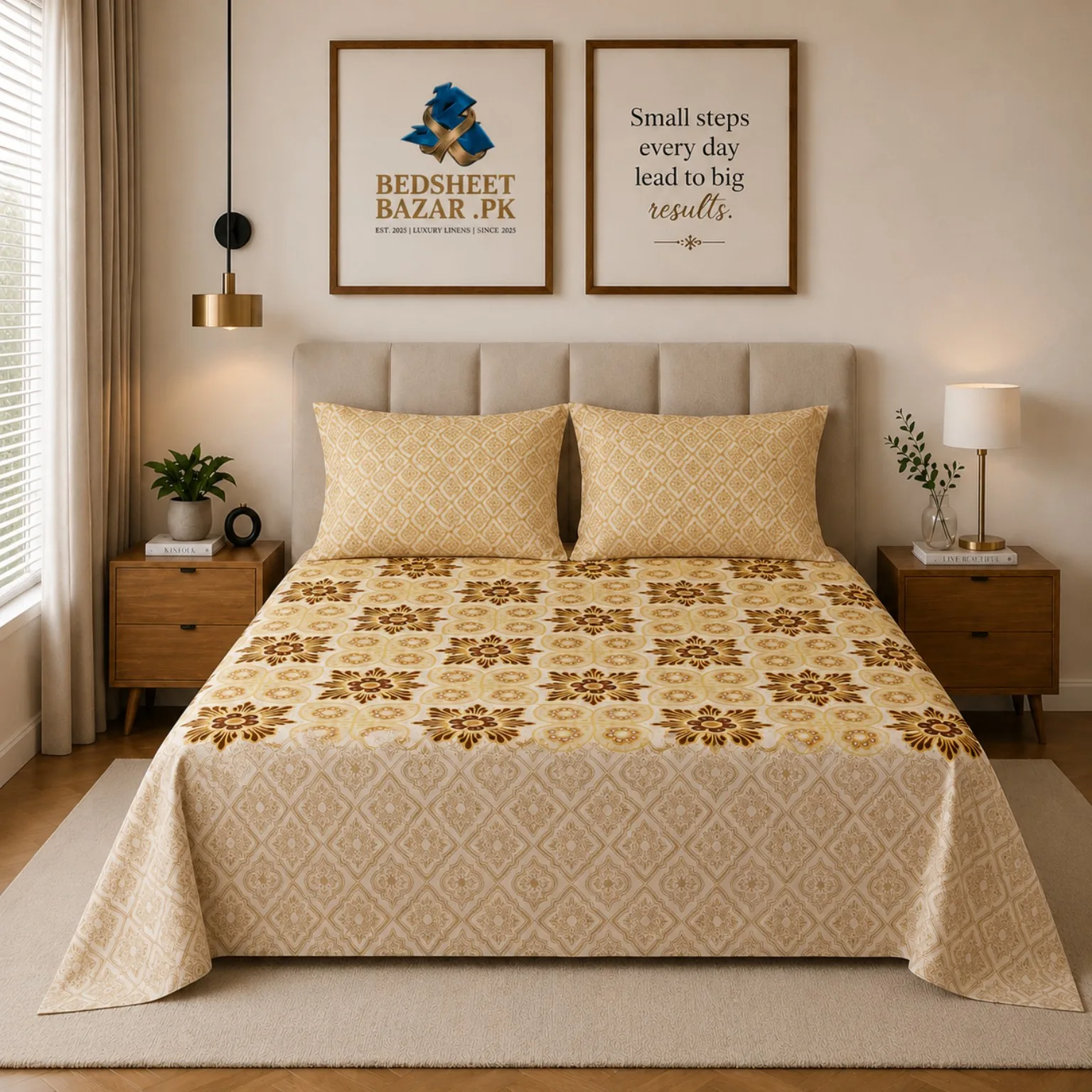 Gold Cream Floral Medallion Printed Cotton Bed Sheet