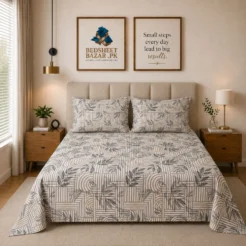 Grey Abstract Botanical Printed Cotton Bed Sheet