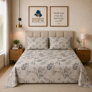 Grey Abstract Botanical Printed Cotton Bed Sheet