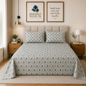 Grey White Block Print Printed Cotton Bed Sheet