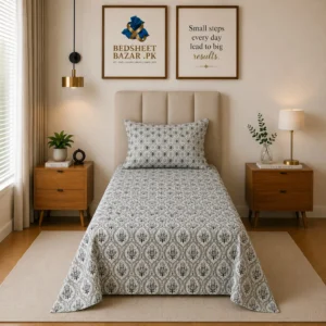 Grey White Block Print Printed Single Bedsheet