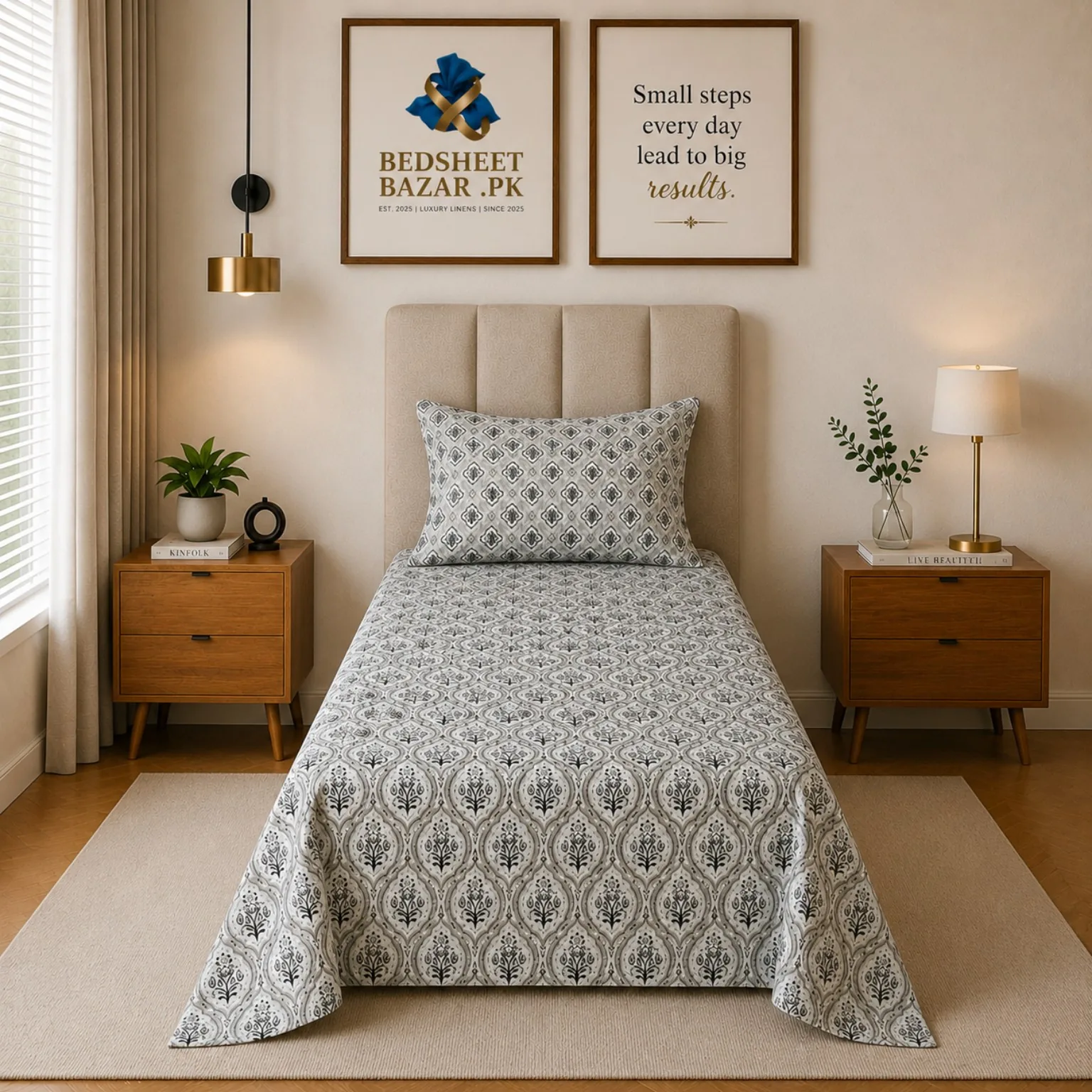 Grey White Block Print Printed Cotton Bed Sheet - Image 2