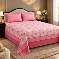 Alternative view of Pink Floral Border King Size Printed Bedsheet