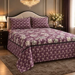 Alternative view of Plum White Floral Border King Size Printed Bedsheet