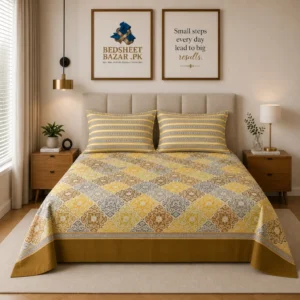 Mustard Grey Medallion Printed Cotton Bed Sheet