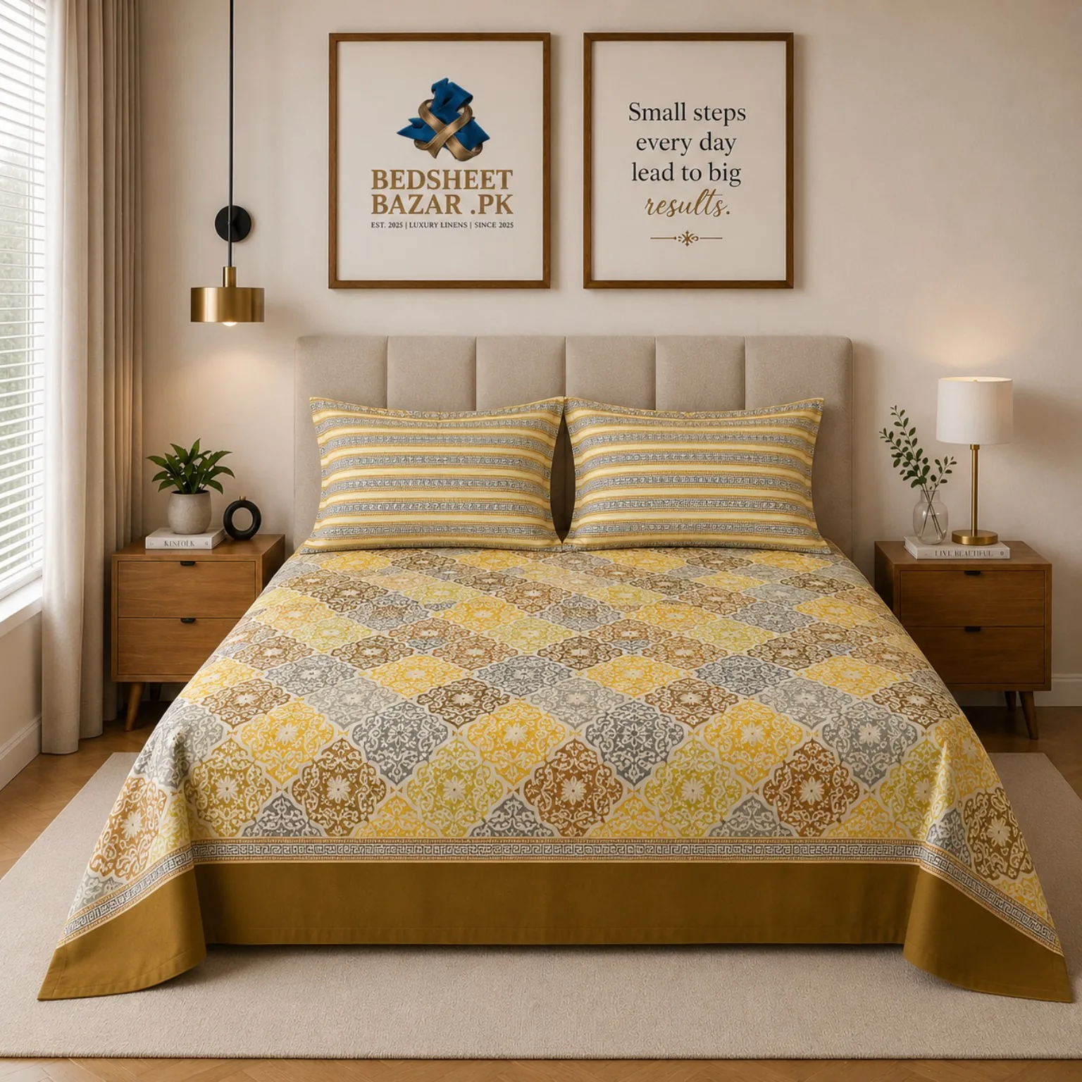 Mustard Grey Medallion Printed Cotton Bed Sheet