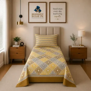 Mustard Grey Medallion Printed Single Bedsheet
