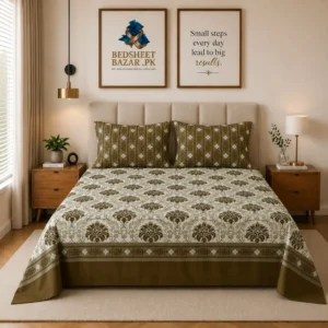 Olive Brown Damask Printed Cotton Bed Sheet