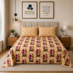 Peach Magenta Floral Printed Cotton Bed Sheet