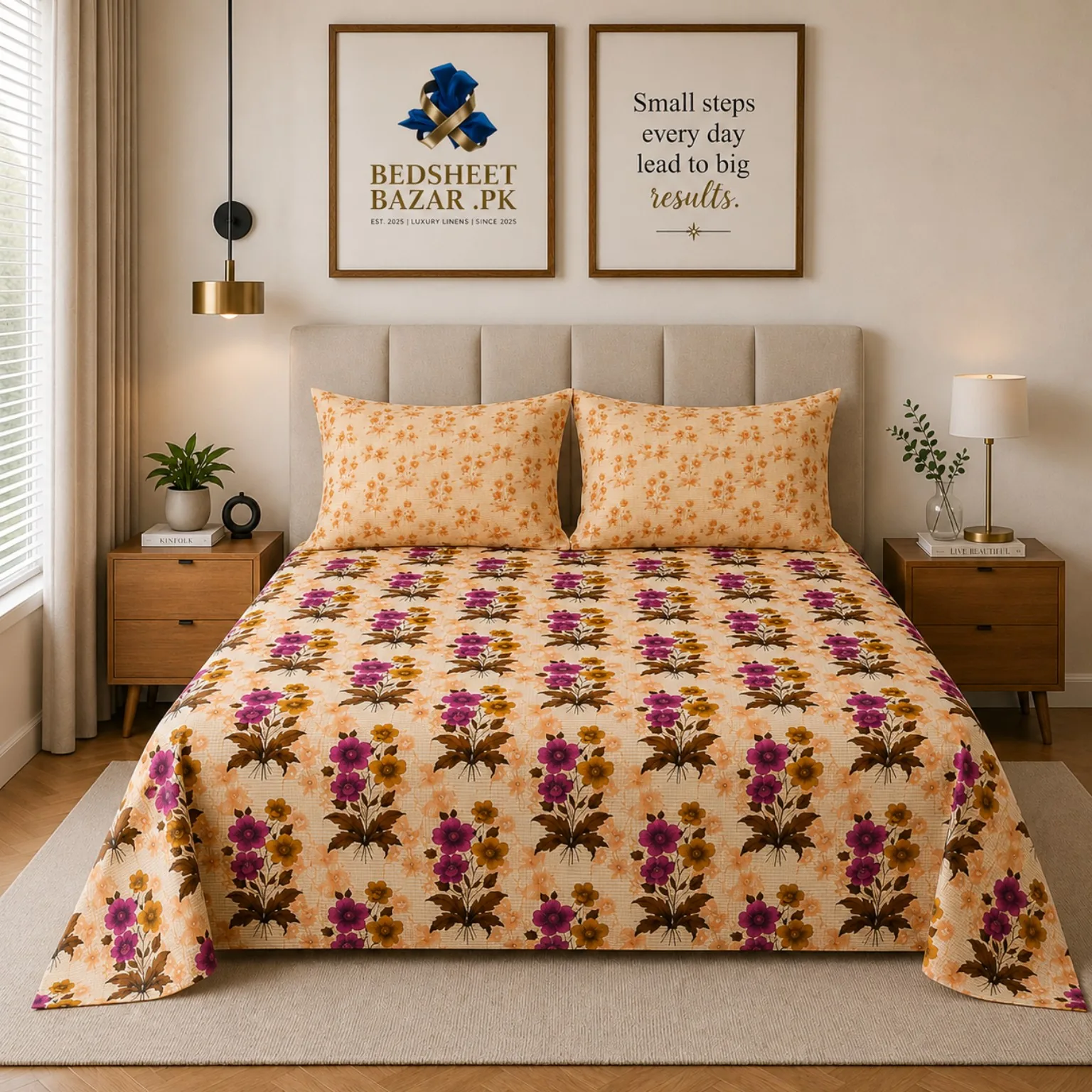 Peach Magenta Floral Printed Cotton Bed Sheet