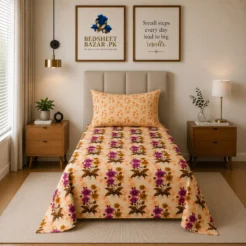Peach Magenta Floral Printed Single Bedsheet