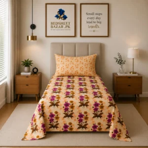 Peach Magenta Floral Printed Single Bedsheet