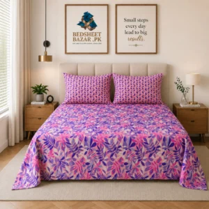 Pink Purple Leaf Pattern Printed Cotton Bed Sheet