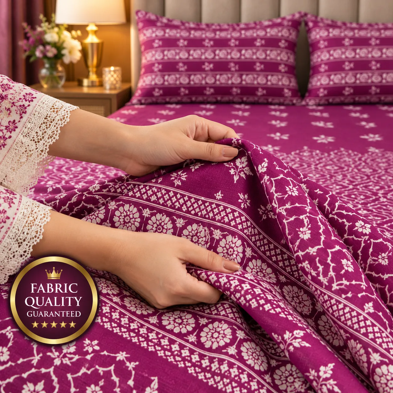 Purple Floral Border Printed King Size Bed Sheet Set (3 PCs) - Image 3