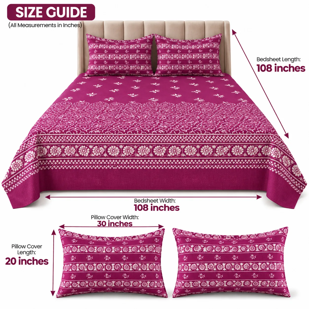 Purple Floral Border Printed King Size Bed Sheet Set (3 PCs) - Image 4