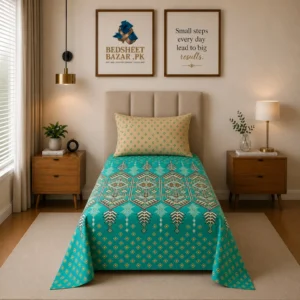 Turquoise Ethnic Geometric Printed Single Bedsheet