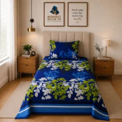 Blue Green Leaves Printed Single Bedsheet