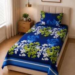 Blue Green Leaves Printed Single Bedsheet
