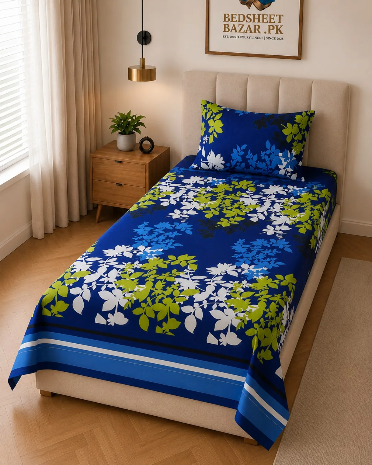 Blue Green Leaves Printed Single Bedsheet